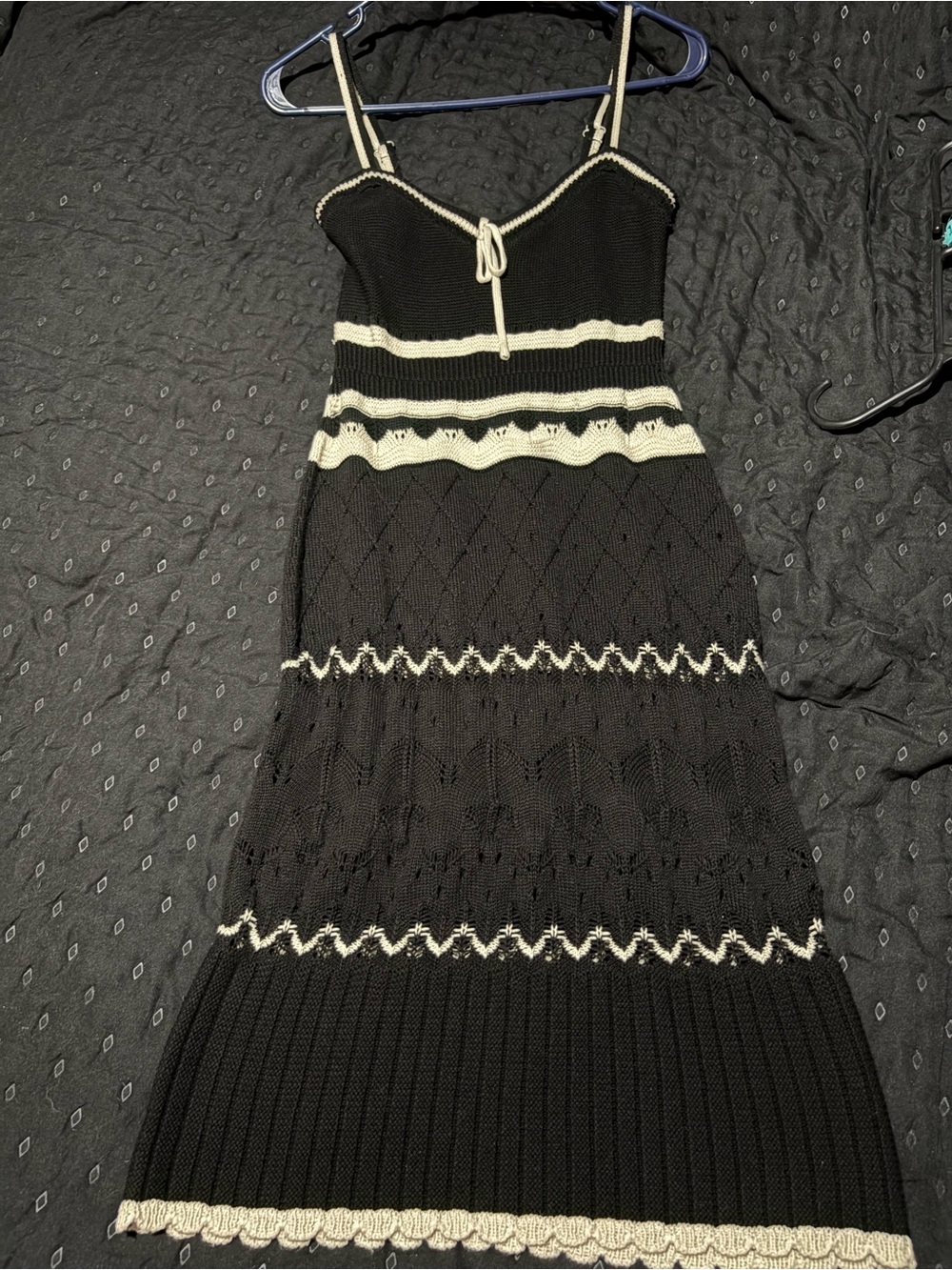 Black Knit Asymmetrical Spaghetti-Strap Dress with Cream Trim